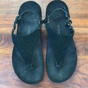 Vionic black suede thong-style sandal.